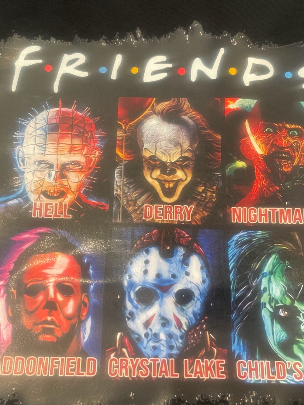 Gildan Black Graphic Tee with Multicolor Horror Portraits